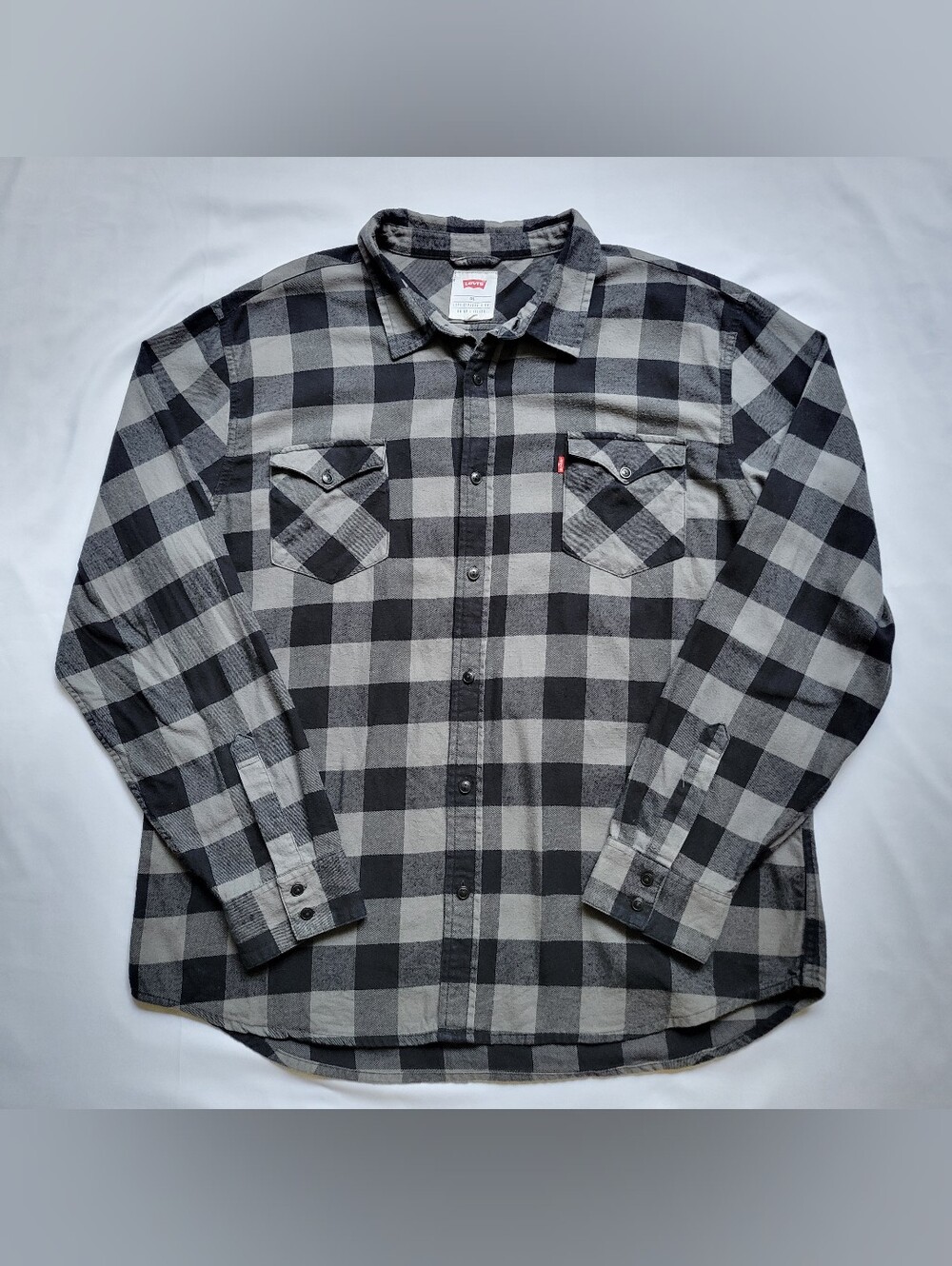 Levis Men’s Gray and Black Buffalo Plaid Western Flannel Button-up Shirt Sz XXL